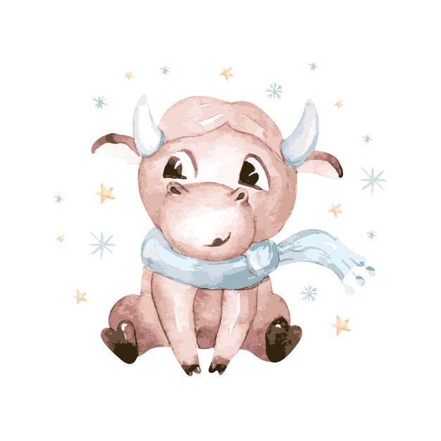 watercolor cartoon bull illustration symbol of the year 2021 funny and cute bull christmas illustration 125155 89 33fd3